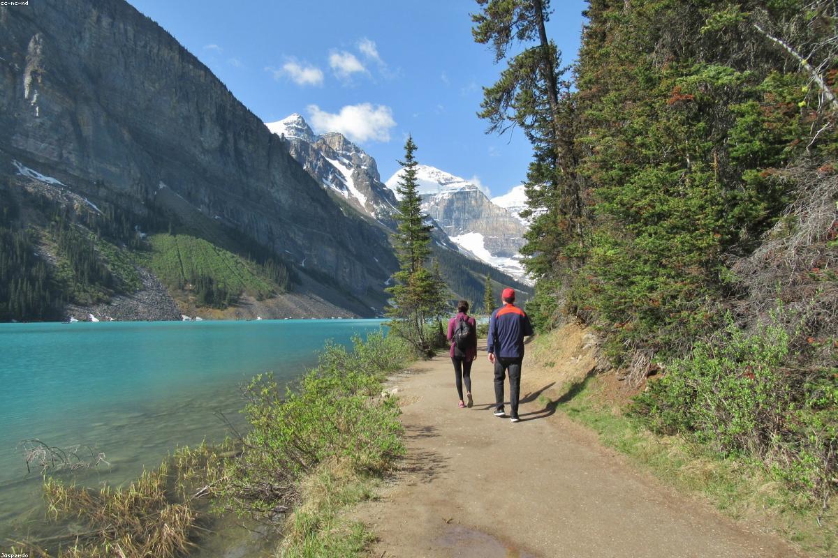 Banff Monlin Lake in Canada, with pine green waters and snow-capped mountains