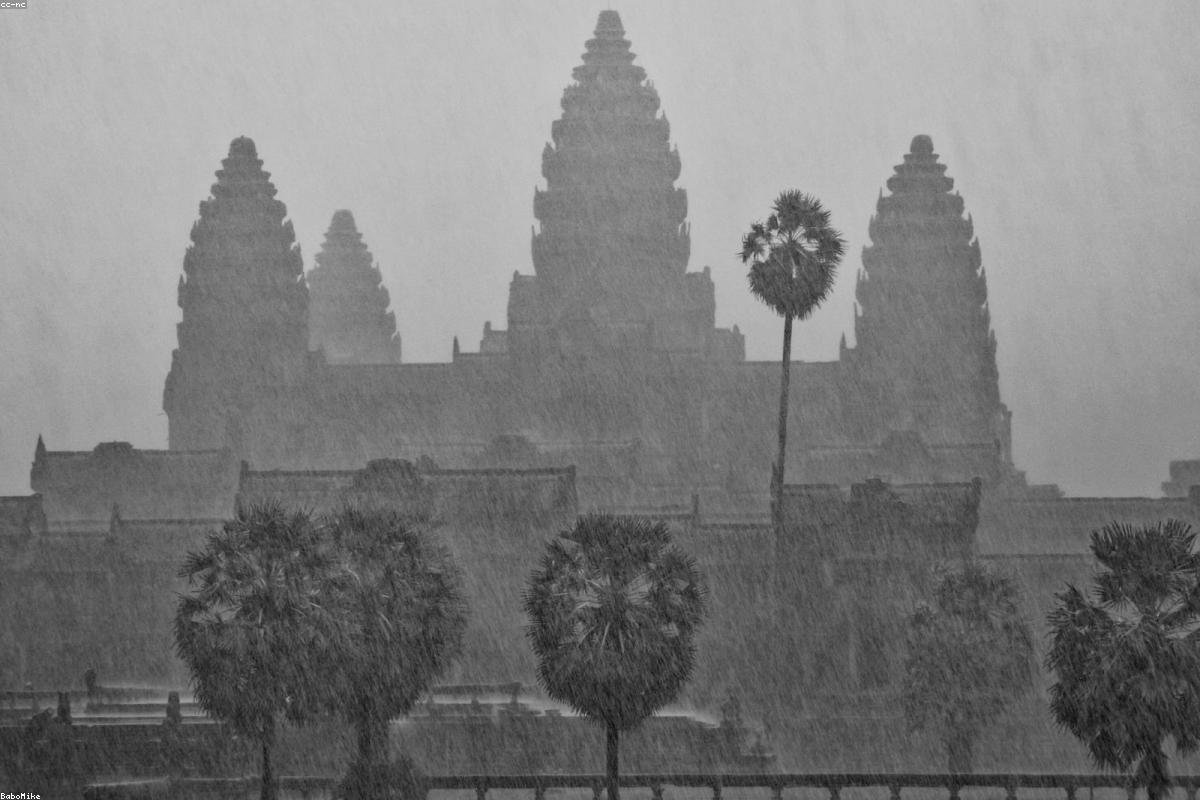 Angkor Wat temple complex and stone carvings