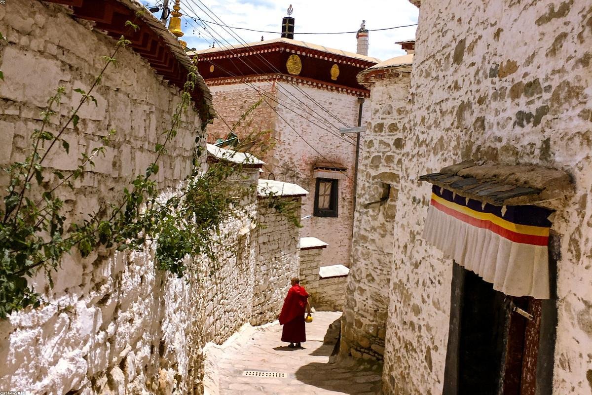 The golden summit and distant mountains of Tashilhunpo Monastery in Shigatse